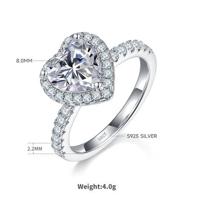 Luxury Heart Moissanite Women's Wedding Ring 2.0 Carat D Color in S925 Silver